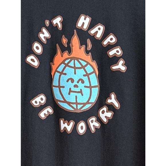 NWOT “Don’t Happy, Be Worry” Graphic Tee – Retro Globe-on-Fire Design – Men’s M - Picture 2 of 4